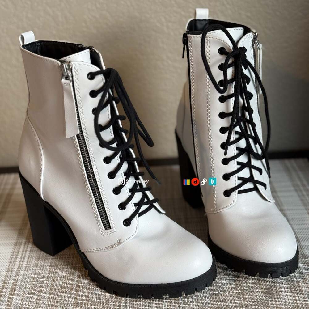 Lace-Up White Block Heel Ankle Boots with Side Zipper